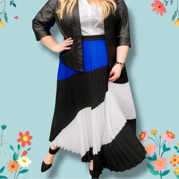 NWT Lane Bryant Blue, Black & White Colorblock Pleated Maxi Skirt Size 26/28 - Picture 3 of 14